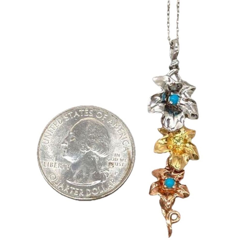 Lenox Dogwood Flowers 925 Silver Tri-Tone Gold Silver Copper Necklace R24 - Picture 5 of 6